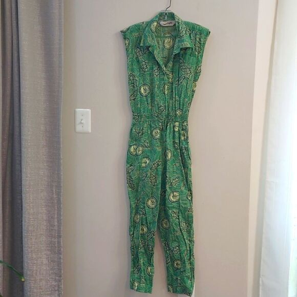 Diane von Furstenberg Green Print Vintage Jumpsuit Sz L - Picture 2 of 11